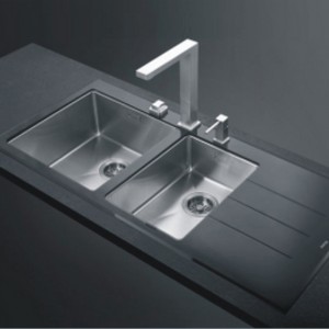 Glass Stainless Steel Sink Double Bowl With Drainboard Kitchen Top Mounted Sink
