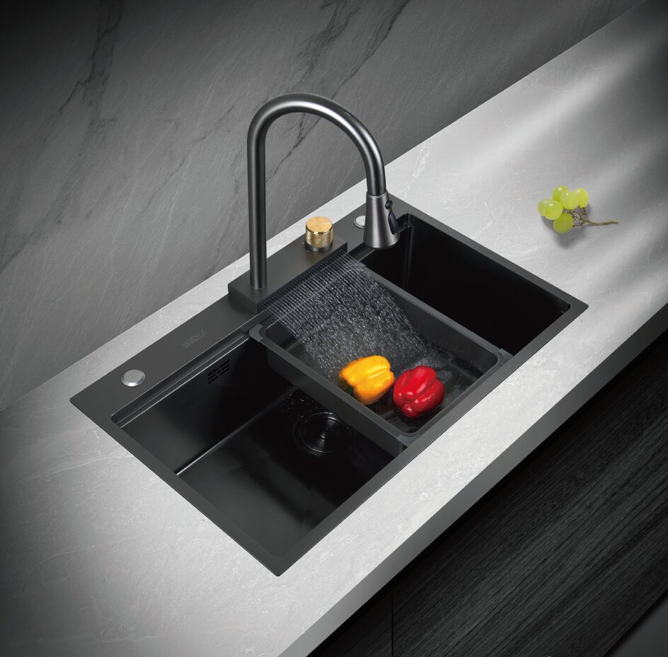 PVD Waterfall Stainless Steel Sink with Overmount FaucetNM568N-PN
