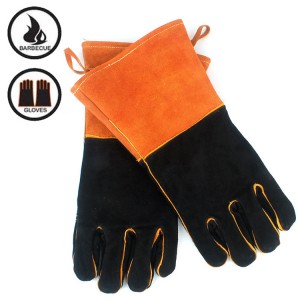 Термостійкі рукавички для барбекю з коров'ячої шкіри, помаранчеві, потовщені, довгі захисні рукавички
