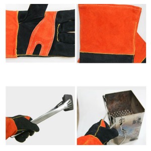 Cow Leather Grill Heat Resistant BBQ Gloves Orange Thicken Long Protection Glove