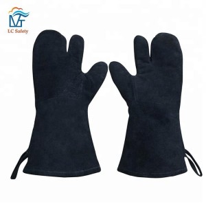 Schwarzer, hitzebeständiger 3-Finger-Handbackofenhandschuh aus Leder für die Küche