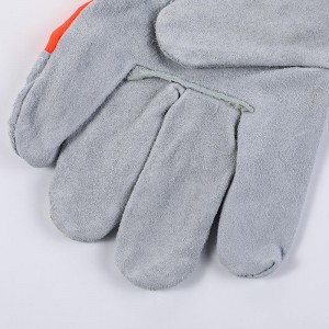 ถุงมือเชื่อมหนังสั้นผ้าสะท้อนแสงเรืองแสงฉนวนกันความร้อนป้องกันแรงงานถุงมือเต็มความยาว