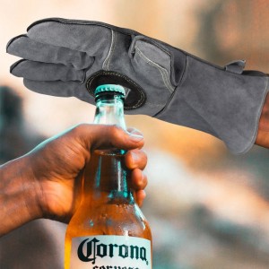 Leather Grill Barbecue Gloves with Bottle Opener Cow Split Suede Glove Mitten