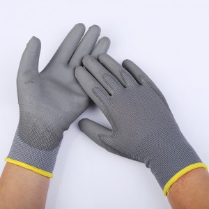 Ilogo ye-OEM Ilogo Grey 13 Gauge Polyester Nylon Palm Dipped PU Working Gloves