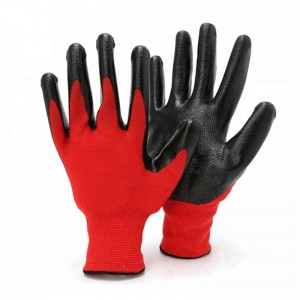 Црвене полиестерске плетене црне глатке радне рукавице пресвучене нитрилом