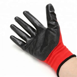 赤いポリエステル ニット黒の滑らかなニトリル コーティングされた作業用手袋