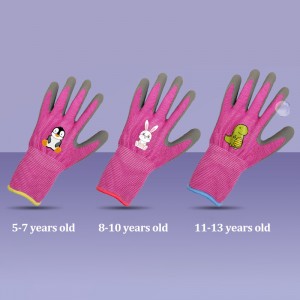 Customized Kids Gardening Glove 15g Polyester Knitted Latex Foam Coated Children Safety Hnab looj tes ua si nrog av nplaum