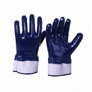 Safety Cuff Predator Acid Oil Proof Blue Nitrile Dipped Gloves with Anti Slip Dots