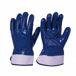 Feiligensmanchet Predator Acid Oal-proof Blauwe Nitril Dipped Handschoenen mei Anti-Slip Dots