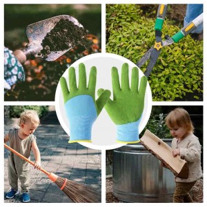 Children garden glove oem logo latex rubber coated Green anti Abrasion work Gloves for Kids DIY