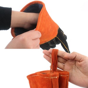 Guantes de barbacoa resistentes al calor para parrilla de cuero de vaca, guantes de protección largos gruesos de color naranja