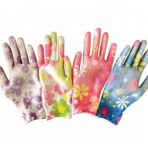 Wear Resistant Polyester With Flower Pattern Printed PU Coated Gardening Gloves