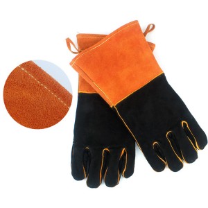 Hitzebeständige Grillhandschuhe aus Rindsleder, orange, dicker langer Schutzhandschuh
