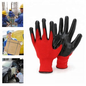 Червени полиестерни плетени черни гладки работни ръкавици с нитрилно покритие