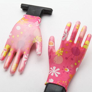 Wear Resistant Polyester With Flower Pattern Printed PU Coated Gardening Gloves