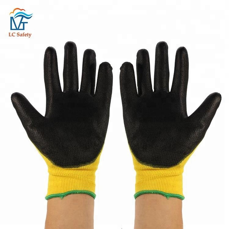 Black PU Dipped Yellow Polyester Work Gloves Custom Printed with Logo
