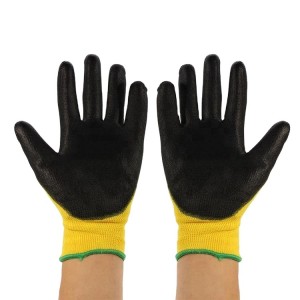 Црни PU натопени жолти полиестерски работни ракавици прилагодено печатени со лого