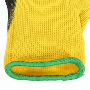 Black PU Dipped Yellow Polyester Opus Gloves Custom Typis cum Logo