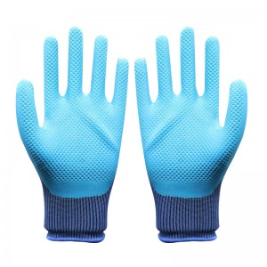 13 Gauge Blue Polyester Lining Tekstur Palm Anti Slip Grip Dilapisi karo Sarung Tangan Lateks