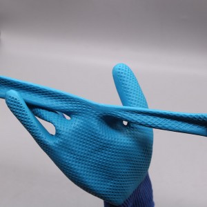 Modrá polyesterová podšívka 13 Gauge Texturovaná dlaň protiskluzová rukojeť potažená latexovými rukavicemi