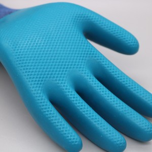 13 Gauge Blue Polyester Lining Textured Palm Anti Slip Grip Coated cum Latex Gloves