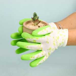دستکش باغبانی سبز رنگ بنفش چاپ گل پلی استر با پوشش لاتکس لاستیک محیطی با نخ 13