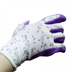 Environmental Rubber Latex Coated Palm 13 Gauge Polyester Flower Print Purple Green Gardening Glove