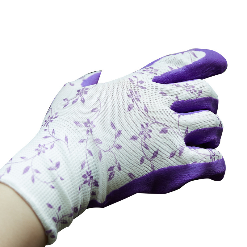 Environmental Rubber Latex Coated Palm 13 Gauge Polyester Flower Print Purple Green Gardening Glove Featured Image
