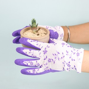 Miljeu Rubber Latex Coated Palm 13 Gauge Polyester Flower Print Purple Green Gardening Glove