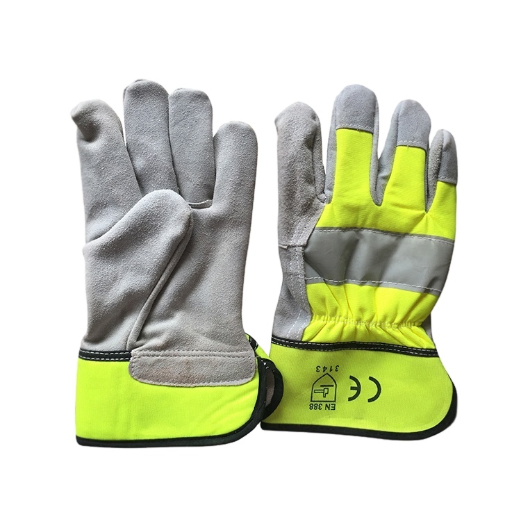 en388 en420 Fluorescent Yellow Reflective Cowhide Safety Gloves CE guantes de seguridad cuero