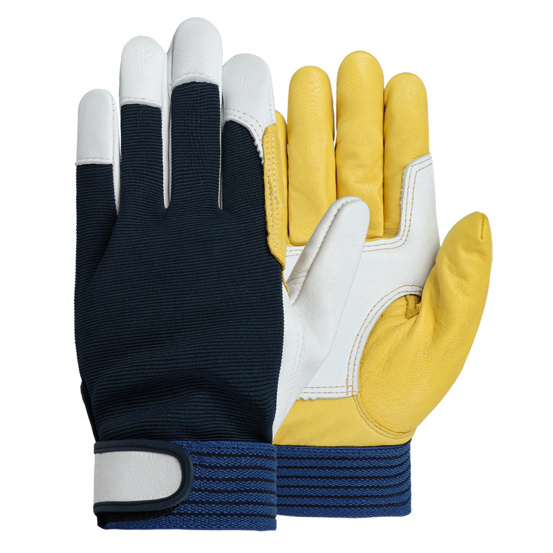 Wear Resistant Double Palm Yellow White Elastic Wrist Sheepskin Leather Work Gloves Featured Image