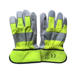 en388 en420 Fluorescent Yellow Reflective Cowhide Safety Magolovesi CE guantes de seguridad cuero