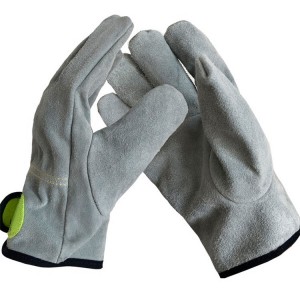 Winter Warm Windproof Grey Khaki Cow Split Leather Driver Working Glove Thicken Liner Winter Glove