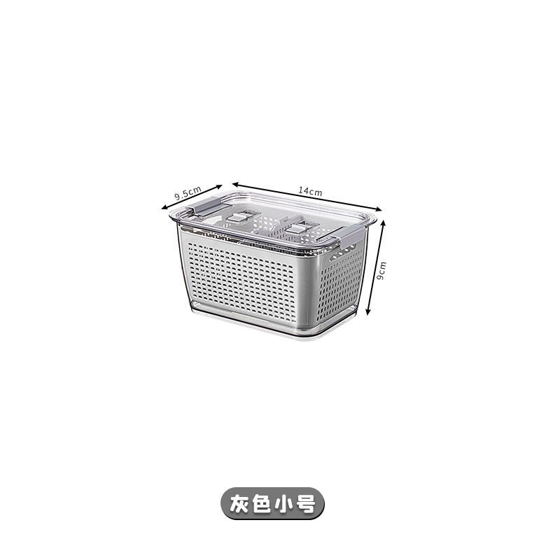 Fresh Keeping Box with Gray Grid Refrigerator Drain Basket Clear Plastic Food Storage Box for Fruits and Vegetables (1)