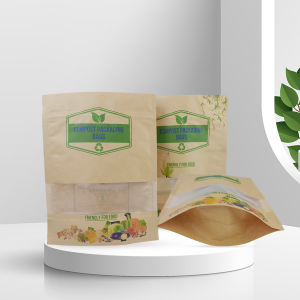 Fully biodegradable stand up packaging kraft paper bags with window and zipper