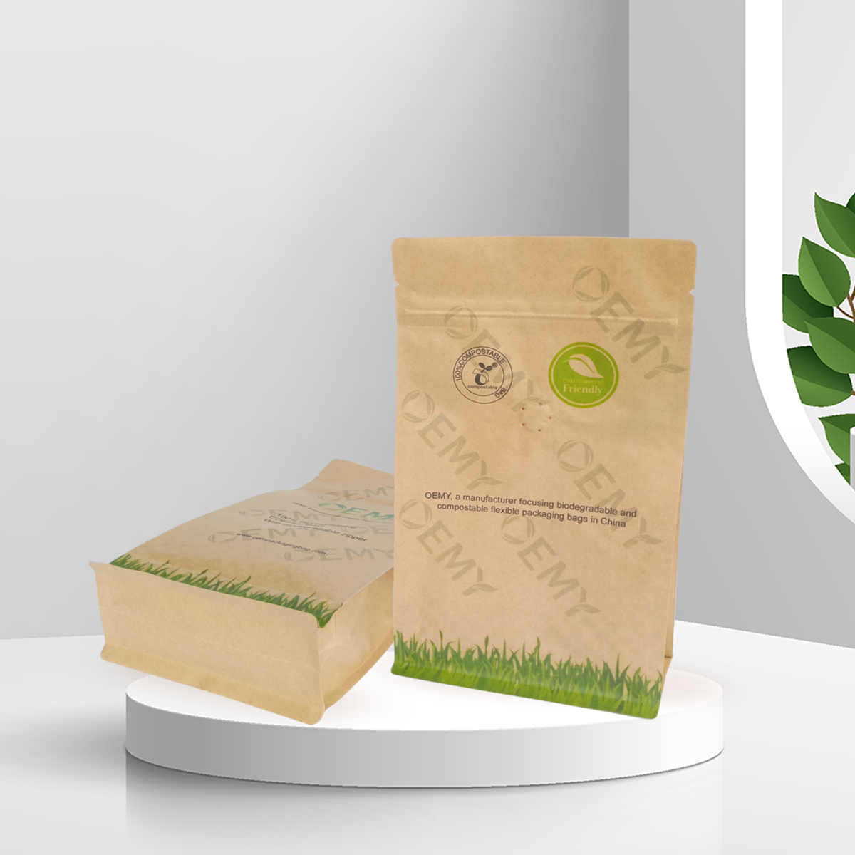 OEMY Custom 8 side sealed square bottom compostable coffee bags with biodegradable air valve and zipper Featured Image