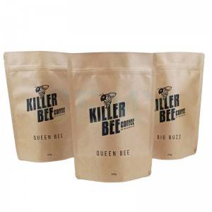 Brown Paper Square bottom packaging bags with AL foil and PLA valve for coffee packing.