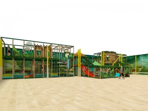 Estrutura de parque infantil interior de 2 niveis con temática forestal