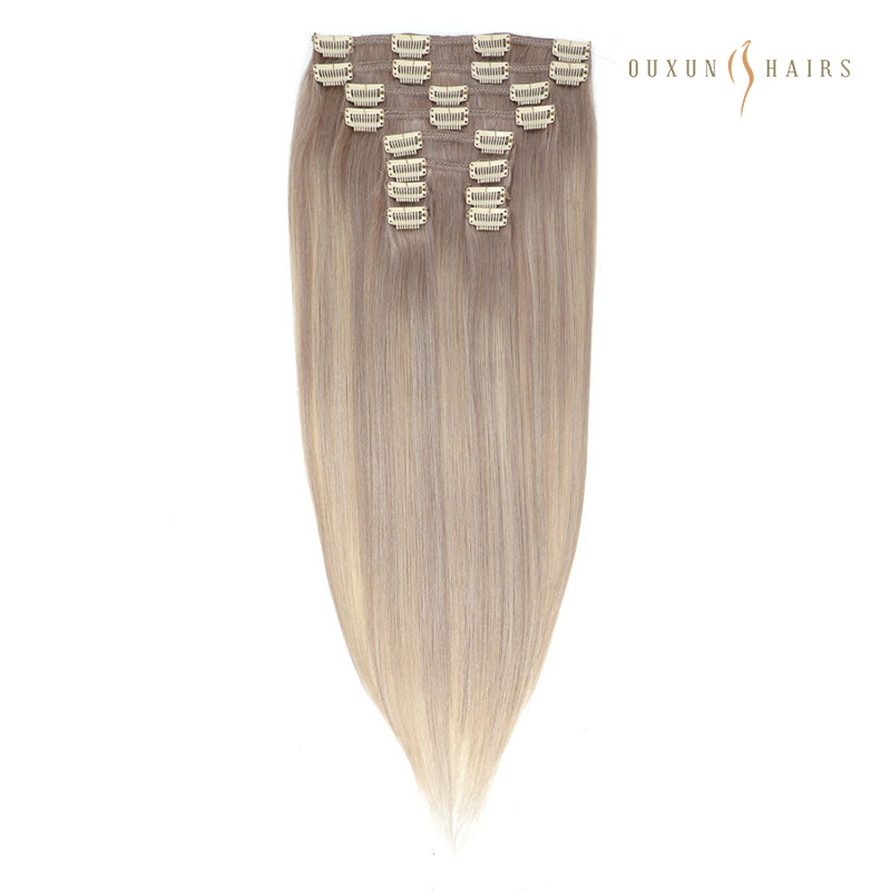 European Remy 100% Human Hair Dark Ash Blonde Balayage Invisible&Seamless Clip-Ins 20” (100g)-Human Hair Factory