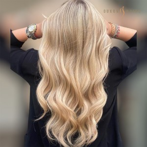 Straight Light Ash Blonde Mixed with Platinum Blonde Balayage Sew-In Machine Weft Human Hair Extensions for Women – Virgin Real Hair Bundles with Blonde Highlights