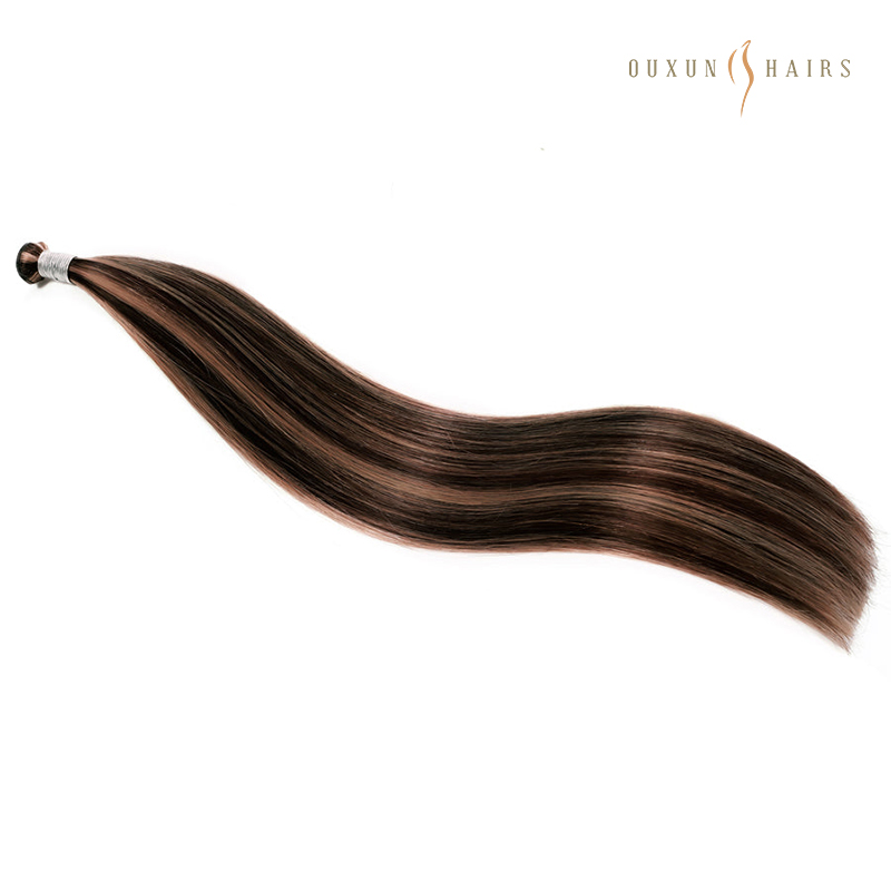 European Virgin Hair Genius Weft Hair Extensions  Chocolate Dark Brown and Caramel Balayage Highlights