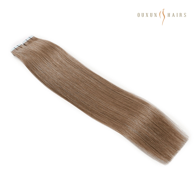 Radiant Locks: 24″ Invisible Tape Hair Extensions in #8 Cinnamon Brown Full Head 150g Skin Weft FACTORY – Seamless Elegance for a Natural Glow
