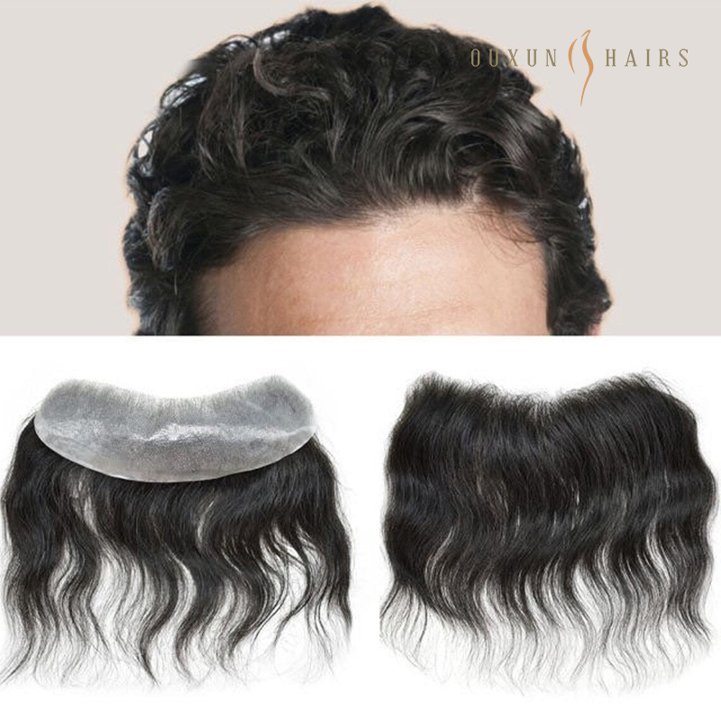 OXFS01 Mens Forehead Hairline Toupee V-Shape Mens Frontal Hair Piece for Receding Hairline Full PU Thin Skin Base V Loop 100% European 4X18CM