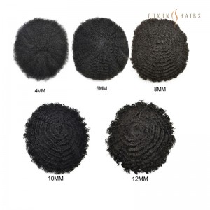OXIM03 Afro Curly Toupee for Black Men Full Poly African American Human Hair Replacement Systems Durable Handtied Single Knotted Poly Skin Hairpiece Most Strong Thin Skin Kinky Curly Men Toupee Hairpieces Factory