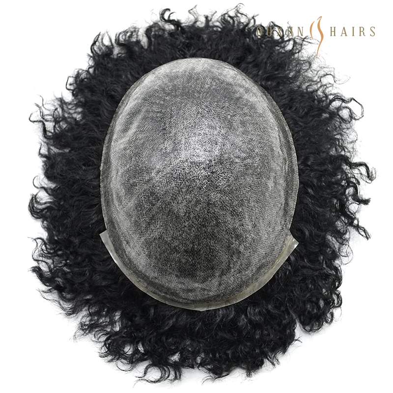 OXIM03 Afro Curly Toupee for Black Men Full Poly African American Human Hair Replacement Systems Durable Handtied Single Knotted Poly Skin Hairpiece Most Strong Thin Skin Kinky Curly Men Toupee Hairpieces Factory