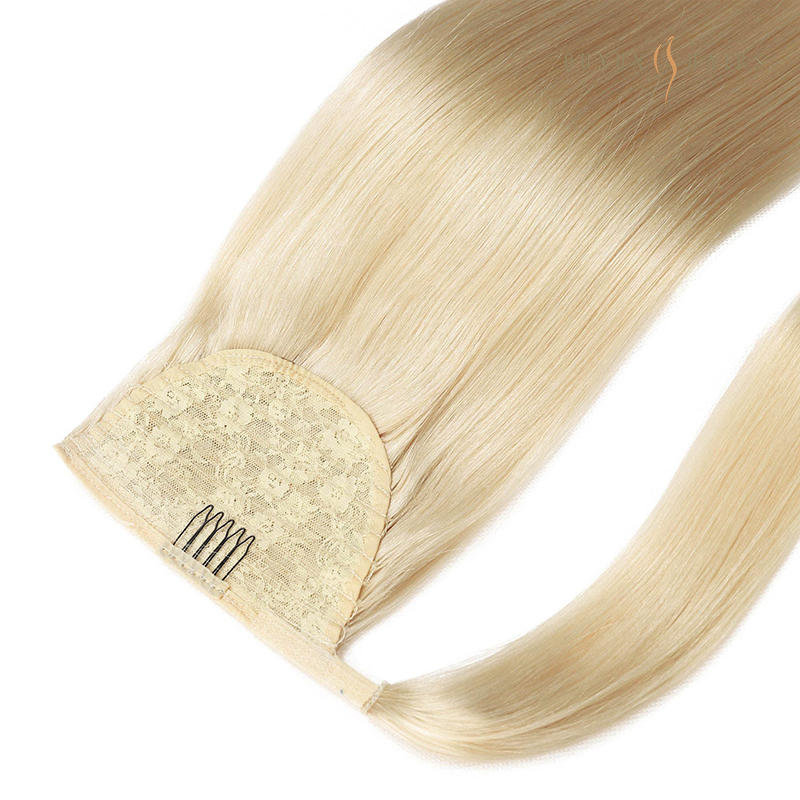 #60 Platinum Blonde Wrap Around Ponytail Extension Clip in Ponytail Hair Extensions 100% Remy Human Hair Straight Long Straight Ponytail 22 Inch for Women-Hand Tied Extensions Wholesale