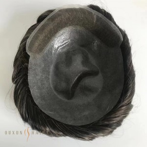 OXBM02 Toupee for Men Bio-Toupee for Men 0.06-0.08mm V-loop /Hand-Knotted PU Skin Lace Front Hair System Unit Men’s Toupee 8×10″ Durable Male Hair Prosthesis #1B With Grey Hair Nat...