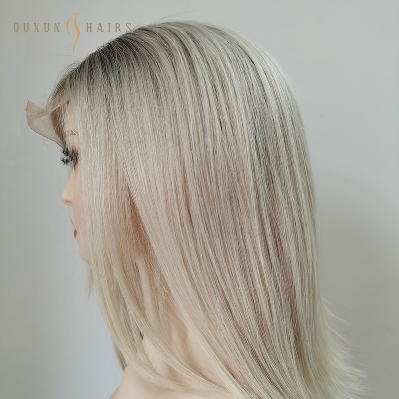 OXLW02 Invisible 4 * 4 HD Transparent Lace Frontal Wig Chinese Virgin Human Hair Dark Root With #60 Platinum Blonde 12inch Short Wig-Large Cap Wigs Manufacturers