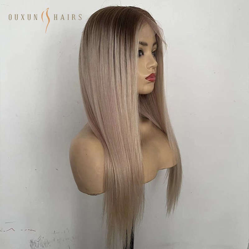 OXLW01 Front 13*6 Size Lace Wig Pre Plucked Bleached Knots Dark Root Platinum Blonde Color 100% Remy Human Hair Wigs Units Human Hair Caucasian Wholesale Manufacturer
