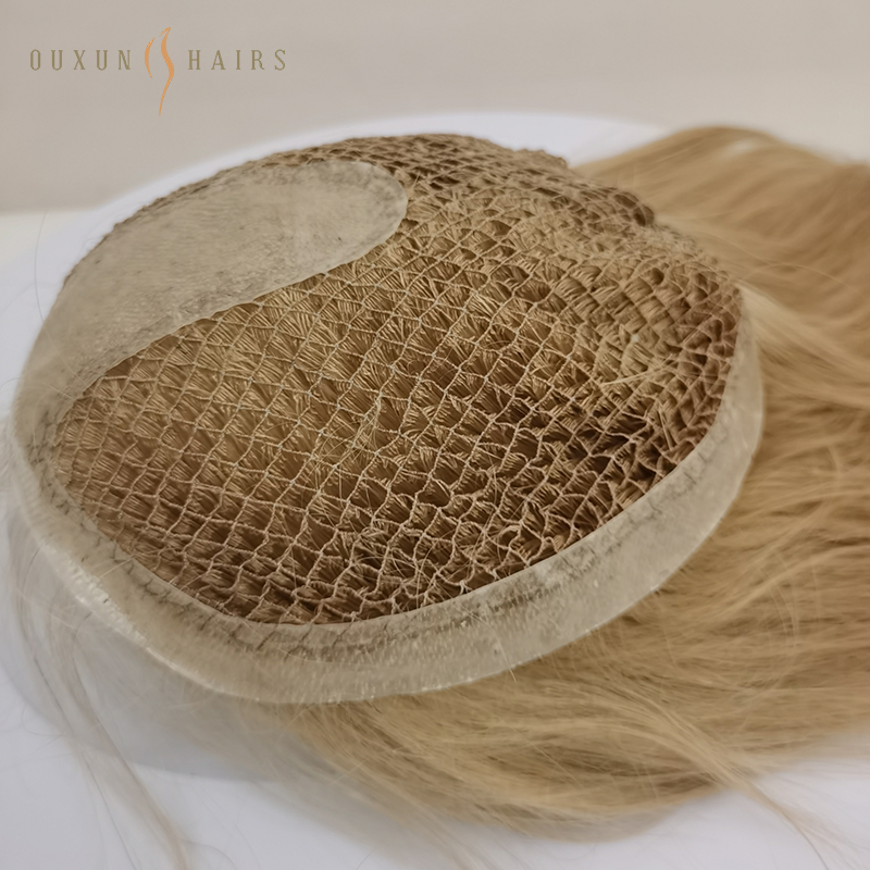 OXFT05 Custom Virgin Human Hair Topper For Women Fishnet Base and Silicone Skin Base Center and Top With PU Around For Easier Bond Free Part Blonde Color Straight Style For Thinning Hair And Baldne...